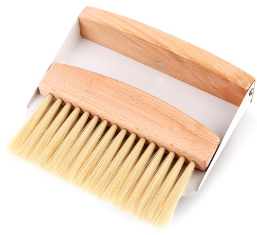 Small Dustpan and Brush Set Mini Portable Dustpan and Brush Wooden Table Brush Metal Dust Pan for Sweeping Table Tabletop, Countertop, Desktop