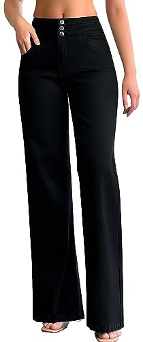 roswear Jeans de Pierna Ancha para Mujer, Estilo Casual, de Cintura Alta, elásticos, Holgados, Negro -, Large