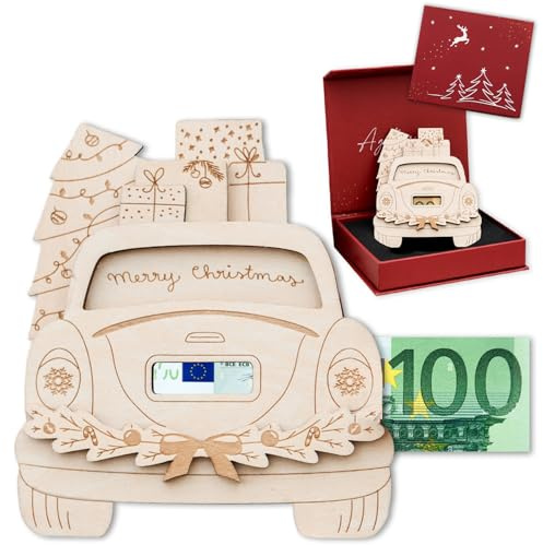 JoliCoon Geldgeschenk Weihnachtsauto Merry Christmas | Hochwertig verarbeitetes Holz, bis zu 3 gefaltete Geldscheine, Hardcover-Magnetbox, präzise Gravur, beschreibbare Rückseite