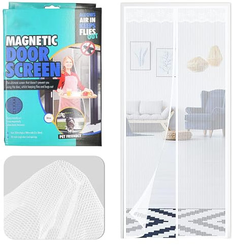 Weißes magnetisches Fliegengitter-Türnetz, Insekten- und Fliegenschutz, Fensternetz, Schutz vor Insekten und Fliegen, mit Haken und Schlaufe, speziell für Türen, leicht zu waschen