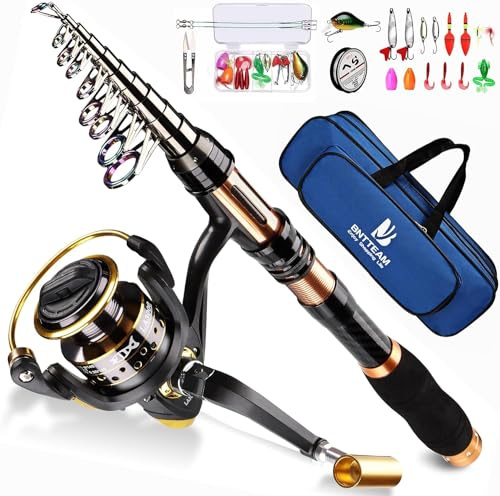 BNTTEAM Spinnrute und Rolle Combo 2,1 m, 2,4 m, 3,0 m, 3,6 m 99% Carbon Teleskop-Angelrute 13BB Angelrolle Tasche Köder Angelschnur Haken Set (B1-Voll-Set, 3,0M/118,5in/9,87ft)