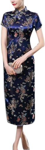 Black Sugar Qipao kort och lång klänning med små ärmar och drakmönster Brocart Cheongsam tunika, Lång mörkblå, 6XL Taille Petite