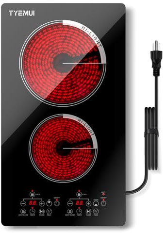 TYEMUI Double Burner Electric Cooktop Plug in 2000W, 110V~120V Countertop Stove, Electric Stove 2 Burner for Cooking, 110 volt Kitchen Stove 12inch Built-in Countertop with Timer, Peak, Pause