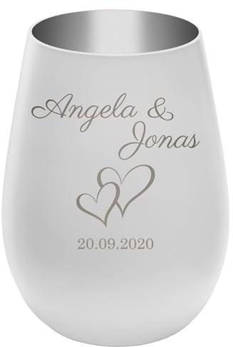 Personalisierbares Windlicht ''Verschlungene Herzen'' - Weiß/Silber - gravierter Glas Teelichthalter - Höhe 12 cm - Persönliche Geschenk Idee Hochzeit Valentinstag