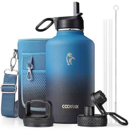 Coolflask Isolierte Wasserflasche 2L, Wasserflasche mit Strohhalm & 3 Deckeln, Isolierte Trinkflasche aus Edelstahl für Sport oder Büro, Doppelt auslaufsicher, Indigo Schwarz