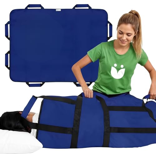 Positioning Bed Pad with 8 Reinforced Padded Handles - Washable Transfer Sheet for Lifting & Repositioning - Quick-Dry Patient Slide Blanket for Caregiver, Bedridden, Elderly - 48 x 40, Blue Ver 2