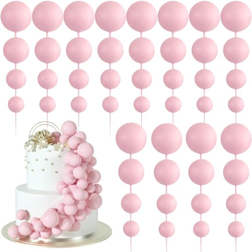 BOUBONI 48 Pcs Balls Cake Topper Decorations Balloon Cupcake Toppers Foam Cake Topper Balls Cake Balls Decorations for Birthday Party Wedding (Pink)