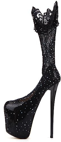 WOkismD 19CM Pole Dance High Heel Pumps Strass Spitze Mesh Super High Heels Runde geschlossene Zehen Pumps für Unisex Männer Frauen Sexy Nachtclub Party Stripper Schuhe