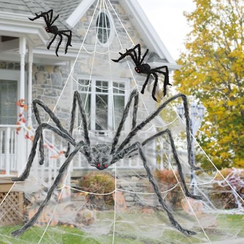 VOPIWOZ Ragno Gigante Halloween, Ragno Peluche, 1 Pezzo Ragno Gigante Grigio di 125cm, 2 Pezzi Ragno Nero da 50cm, Halloween Decorazioni Horror per Halloween Party, Carnevale