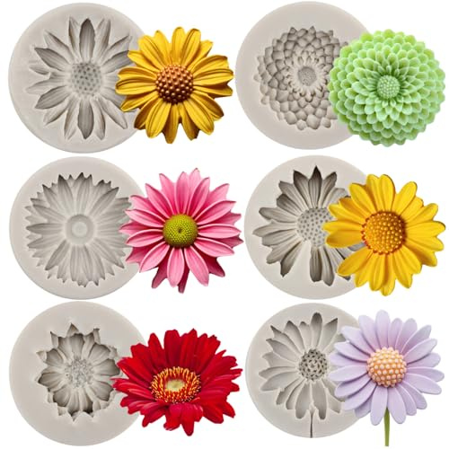 MYRACS - Stampo in silicone per crisantemi, motivo floreale, margherite, fiori, girasoli, fondente, per decorare torte, cioccolato, caramelle, cupcake, topper in argilla polimerica, set da 6