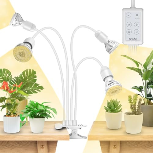 SANSI 4-Head LED Grow Lights for Plants Full Spectrum 40W, Timer, White | 600W Equiv. Plant Lamp with Clip, 4000K Sunlike, Lifetime Free Bulb Replacement, 4/8/12 Hrs, Indoor Seedlings Germination