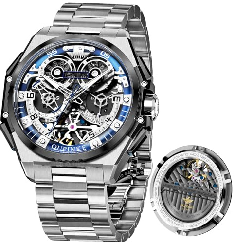 OUPINKE Watch for Men Automatic Wristwatch Sapphire Crystal Calendar Skeleton Luminous 3D Dial with 5ATM Waterproof Luxury Tungsten Steel Strap