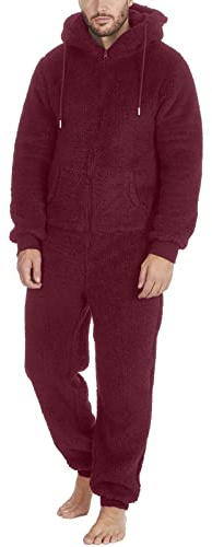 Cexiakong Jumpsuit da Uomo Tuta in Pile con Cappuccio, Pigiama con Cappuccio, Tuta Termica in Pile, Tuta da Notte, Tuta da Uomo, Tuta da Notte Elegante, Colore: rosso, XXL