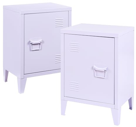 [en.casa] Juego de 2 Mesas de Noche Inari con Cerradura Magnética y Tirador Derecho e Izquierdo Set de 2 Mesas Auxiliares con Estante para Salón Oficina Ventilación Óptima 57x40x30 cm Acero - Violeta