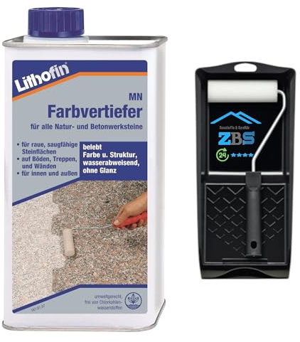 zbs24 Lithofin MN Farbvertiefer Set für den Außenbereich, lösemittelhaltige Imprägnierung für Pflastersteine, Terrassenplatten und Wände, verstärkt natürliche Farben, mit Farbrollerset (1 Liter)