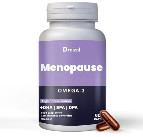 DREIZOL Menopausa - 8 in 1 - Formulato con Omega 3, Vitamine B, D ed E - Calcio, Magnesio, Zinco, Selenio, Manganese. Biotina e Ferro - Riduce le Vampate di Calore e la Sudorazione - 60 Capsule