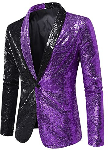 Herr paljetter blazer glitter glänsande karneval kavaj slim fit elegant kavaj en-knapp män vår höst kostym jacka fritid kavaj för bröllop affärer, B-lila, L