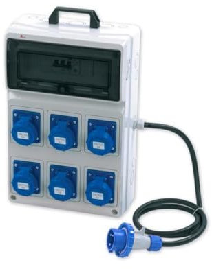 Quadro ASC portatile, 3KW 230V, IP65, 6 prese 2P+T 16A, spina 2P+T 16A, con magnetotermico differenziale e pulsante di emergenza - Rosi 2284