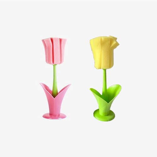 2-Pack Long Handle Cup Cleaning Brush with Removable Sponge Head, Pink & Yellow, Ergonomic Dishwashing Tool for Bottles, Mugs & Narrow Spaces