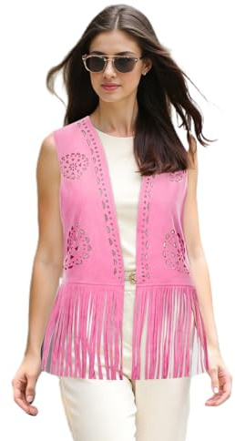 Edhomenn Women's Tassel Vest 70s Hippie Faux Suede Fringe Jacket Cardigan | Front cutout detailing, open front, with long hem tassels, retro cowgirl style layering outerwear