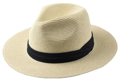 Mnjyihy Sombrero de paja Panamá de gran tamaño para hombres y mujeres, sombrero de paja de ala ancha para verano, talla grande, gorra Fedora, beige, M 55-57cm