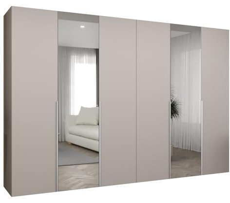 MEBLE KRYSPOL - Kleiderschrank mit Spiegel - Drehtürenschrank - Schrank 300 x 202 x 52 cm - Garderobenschrank Schlafzimmer, Flur, Jugendzimmer - Kaschmir, Griff Kaschmir - Alicante 2