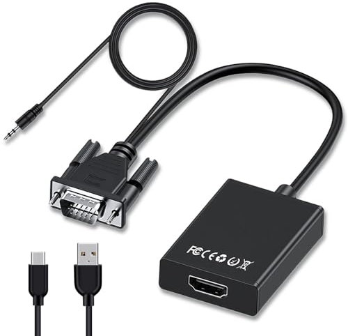 VGA to HDMI Adapter Converter, 1080P VGA Male to HDMI Female with Audio Cable & Power Cord 0.5m, Plug and Play, Stable Synchronization for Computer, Desktop, Laptop, Monitor, Projector, Xbox, HDTV, PC