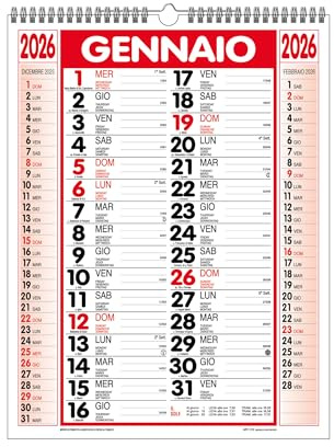 Calendario Olandese Spiralato Linea Classic Nero-Rosso - Calendario da Parete Elegante per Casa e Ufficio 29x47cm