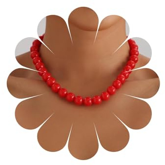 Cybche Large Red Beaded Choker Necklace Big Chunky Round Bead Necklaces Round Beaded Strand Necklaces Red Beads Collar Chain Necklace Statement Jewelry for Women