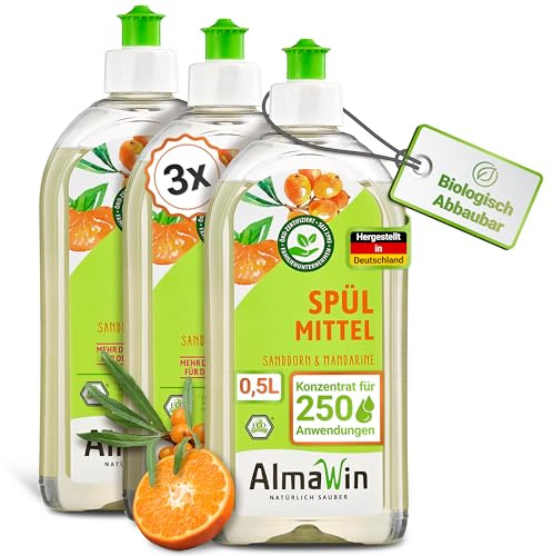 AlmaWin® Spülmittel Öko [3x 500ml] mit Sanddorn & Mandarine-Duft - Kraftvolles Geschirrspülmittel flüssig mit hoher Fettlösekraft - Vegan Dish Soap - Biologisch abbaubares & ergiebiges Konzentrat
