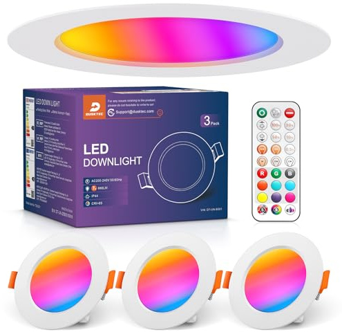 DUSKTEC LED Downlights for Ceiling, RGB Spot Light with Remote Control, 7W Warm White to Cool White Recessed Ceiling Lights Dimmable, IP44 Colour Changing Spotlights for Bathroom Kitchen Living Room