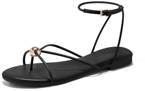 Coutgo Womens Strappy Flat Sandals Open Toe Flip Flops Sandals Ankle Strap Summer Beach Shoes, Black, size 8