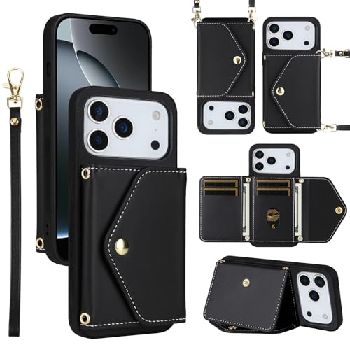 ELISORLI Wallet Case for iPhone 17 Pro 6.3 inch Kickstand Women Men Black | Wrist Strap Shoulder Strap, PU Leather Card Slots Purse, Accessories Cell Phone Cover for i Phone17 i17 17Pro