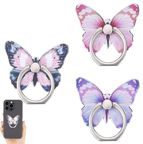 3 PCS Butterfly Cell Phone Ring Stand Holder, Cell Phone Ring Stand Holder, 360°rotation Phone Ring Holder, for All Smartphone(Blue, Purple, Pink)