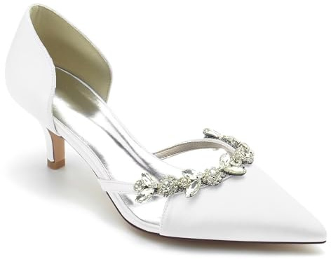 Women's Satin Pointed Toe Kitten Heels Pumps with Rhinestone Strap - Elegant 2.36 Wedding Bridal Evening Dress Shoes