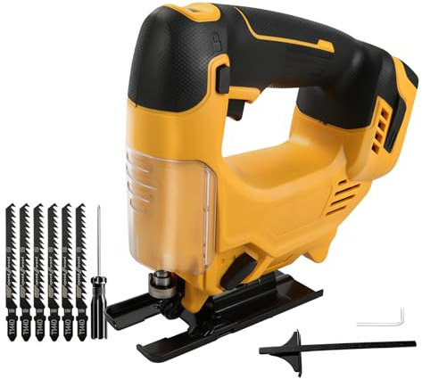Batteridriven sticksåg för Dewalt 18 V/20 V, borstlös elektrisk excentersticksåg, 4-stegs pendellyftinställning, ±45° geringsvinkel, 6 T-axelsågblad (utan batteri) (gul, för Dewalt)