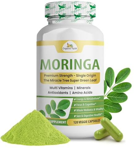 Organic Veda Moringa Capsule 1000mg - True Green Pure Organic Moringa Leaf Superfood - Vitamins & Antioxidants Dense Miracle Tree Powder for Energy, Digestion, Brain & Skin Health - 120 Vegan Capsule