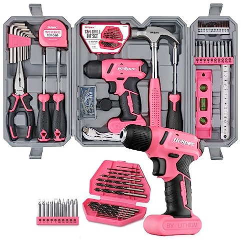 Hi-Spec 57pc Pink Tool Kit with Drill – Womens Tool Box Set with 8V USB Cordless Electric Screwdriver & Drill Bits. Ladies Tools for Home DIY Repair, Office Maintenance & Everyday Use