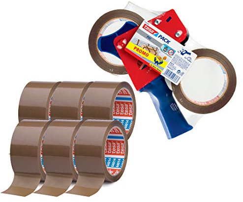 tesapack Ultra Strong und Handabroller im Set mit 2 besonders reißfesten PVC-Klebebändern Braun 66 m x 50 mm (Abroller + 6 Rollen extra, braun)