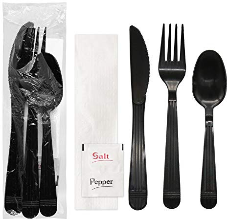 Party Essentials Individually Wrapped Plastic Cutlery Packets/Heavy Duty Silverware Kits, Fork/Spoon/Knife/Napkin/Salt/Pepper, 50 Utensils Sets, Black