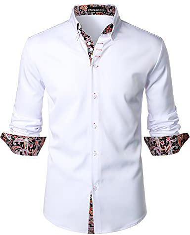PARKLEES Mens Hipster Paisley Patchwork Design Slim Fit Long Sleeve Button Up Dress Shirts White L