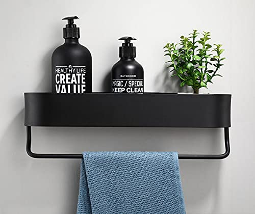 AJINGELA An der Wand montiert Lagerregal,Schwimmend Metall Raum Aluminium Duschkorb Organizer,Schwarz Hängende Regale Selbstklebend oder Bohren Lagerregal für Badezimmer Küche(60CM mit Stange)