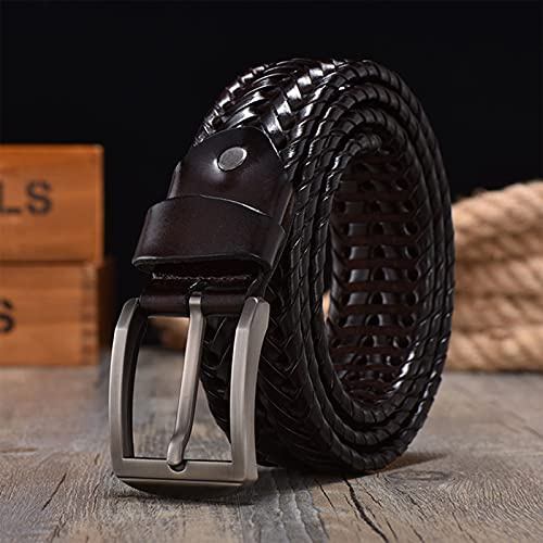 YHMX Herren geflochtene Ledergürtel, Rindsleder-Gewebe-Ledergürtel für lässige Jeanshosen mit Fester Zinkenschnalle, Vatertagsgeschenk,Kaffee,125cm