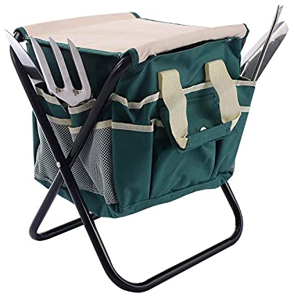 Flur Silva Sgabello con Set Organizer Kit 7 Attrezzi da Giardino Giardinaggio Sediolino Pieghevole