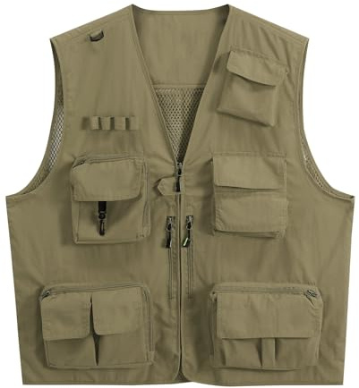 YOUTHUP Men's Outdoor Safari Outwear Gilet Hunting Hiking Fishing Multi Pocket Cargo Vest Quick Dry Photography Mesh Waistcoat Top, Khaki, XS