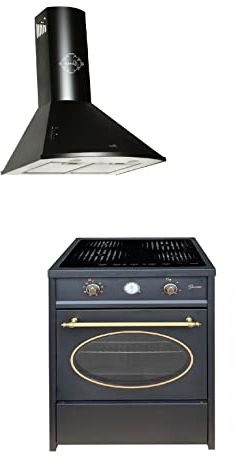 GURARI Herdset GCH E 612 BL r + GCH 046 BL 6, Retro Induktions Standherd 60 cm, Range Coocker, 60 L, Schwarz + Dunstabzugshaube, Wandhaube 60 cm, 1000m3/h, Schwarz, Abluft/Umluft Haube