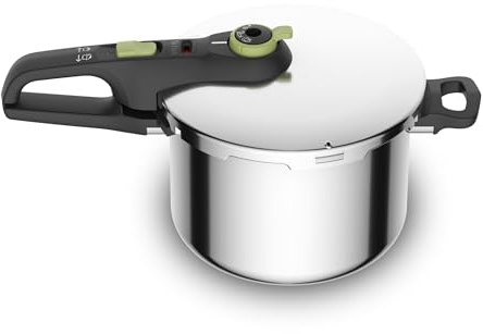 Tefal P2580702 Secure Trendy Schnellkochtopf 6 L mit Korb, 2-Stufen-Garregler: Intensivstufe 117°C, Schonstufe 112°C, Induktions-Kapselboden, für alle Herdarten, Edelstahl/Schwarz/Grün