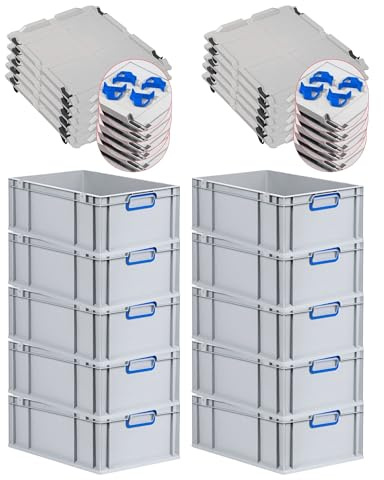 PROREGAL SuperSparSet 10x Eurobox NextGen Color mit Auflagedeckel & Schiebeschnappverschlüsse, HxBxT 22x40x60cm, 44L, Griffe blau geschlossen, Verstärkter Boden, Eurobehälter Transportbox