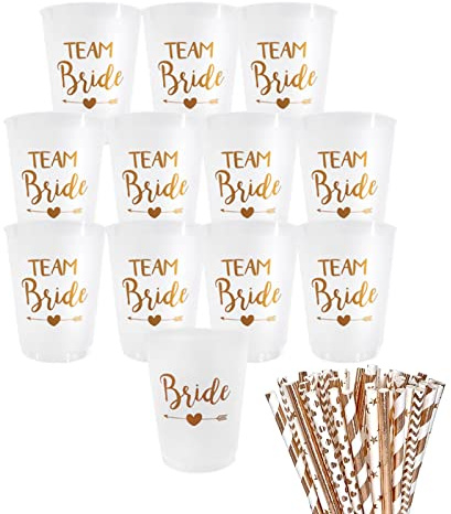 Ruikdly 12 Stück Team Bride Becher JGA Becher Wiederverwendbar Bachelorette Party Cup mit 12 Rosagold Folie Team Bride Strohhalme für Bridal Shower Verlobungsfeier Junggesellenabschied frauen Party