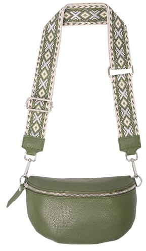 Umhängetasche Crossbody Bag Gürteltasche in Gr. M aus 100% Leder mit breitem Gurt - Helen (olivgrün)